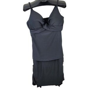 Island Escape Black 2 Piece Tankini Top Ruched Skirt Built in Bottoms Size‎ 16